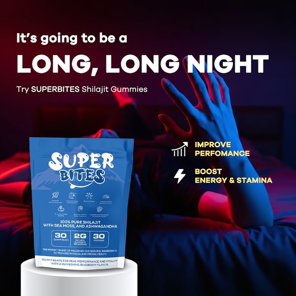 A high-contrast advertisement for Shilajit gummies that uses a bedroom setting to imply nighttime performance benefits and vitality.
